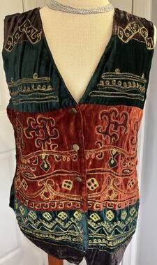 Vtg 90s SANDY STARKMAN Velvet Patchwork Vest M Beaded Boho Eclectic Grandma
